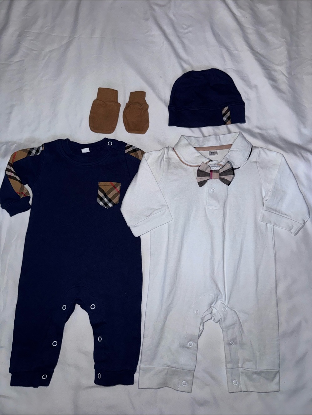 Baby size 0-3 months Navy White plaid One-Piece Set with Hat & Mittens bundle